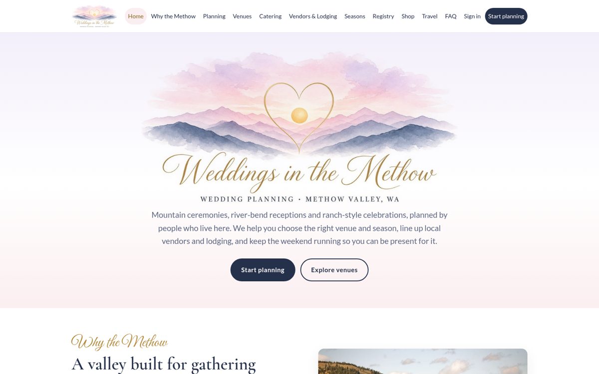 Screenshot of the Weddings in the Methow website